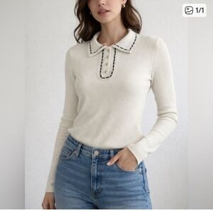 Women's Cream Long Sleeve Polo Ribbed White With Black Trim Top